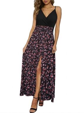🆕 NewShows | Black & Pink Floral V-Neck Spaghetti StrapsMaxi Dress Front Slit